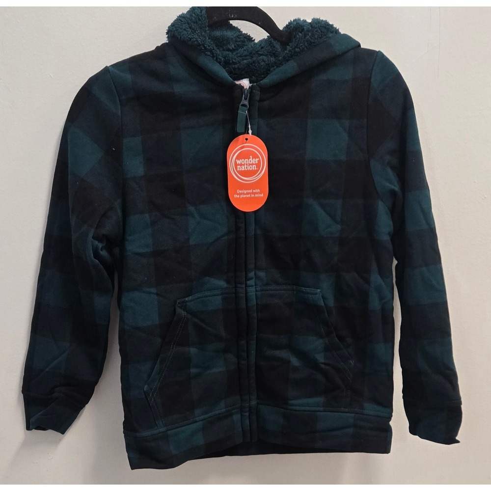 Wonder Nation Kid Tough Lined Zip Hoodie Green Smoke Plaid Boys Large 10-12 NWT